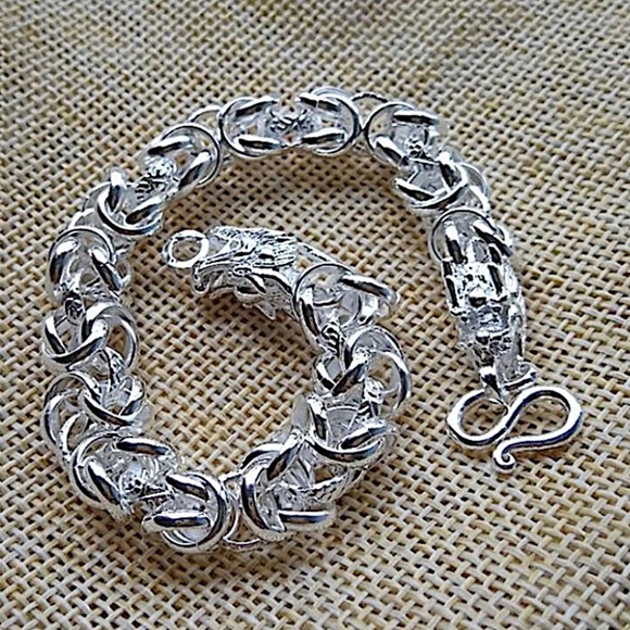 Dragon Viking Sterling Silver Byzantine Chain Link Bracelet - Picture 5 of 5